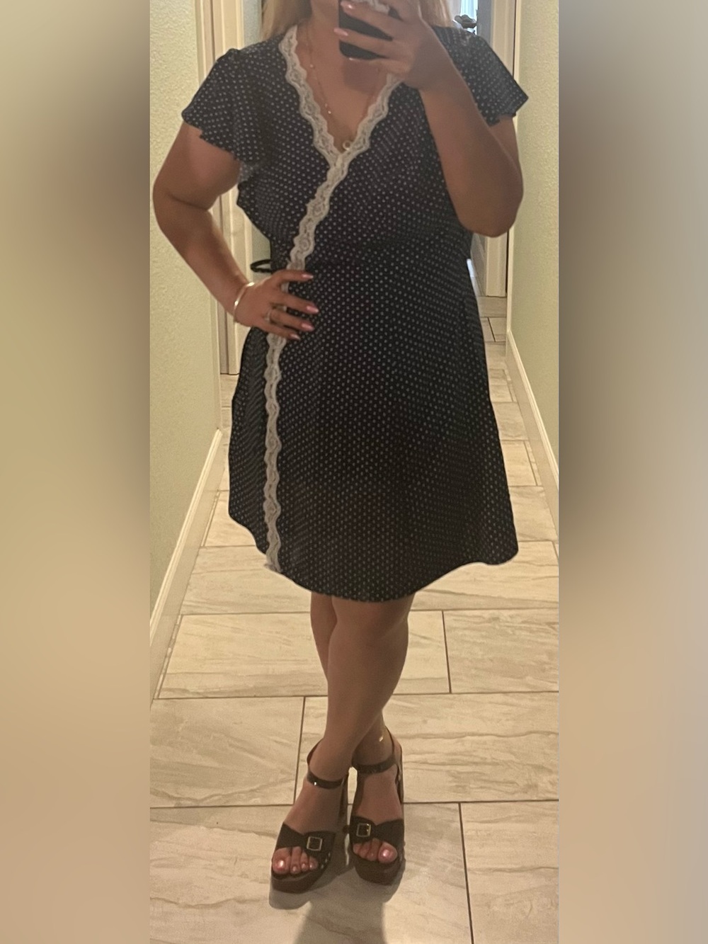 Polka Dot Wrap Dress with Lace Trim - blue